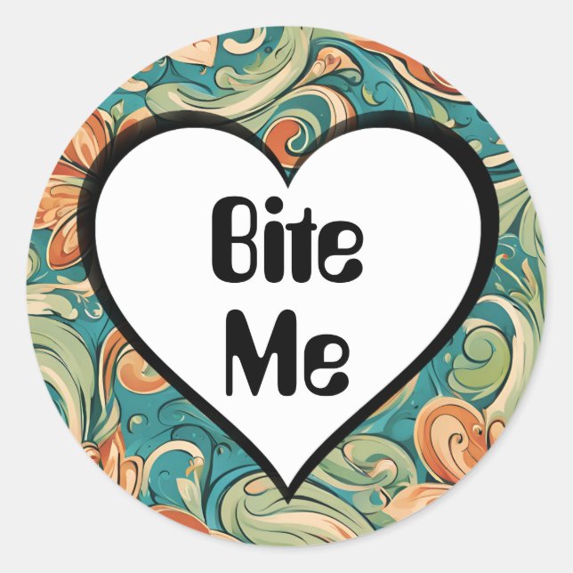 Bite Me Funny Heart Swirly Retro Design Classic Round Sticker (Front)