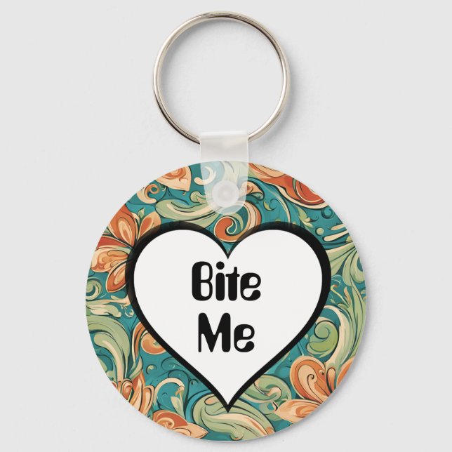 Bite Me Funny Heart Swirly Retro Design Key Ring (Front)