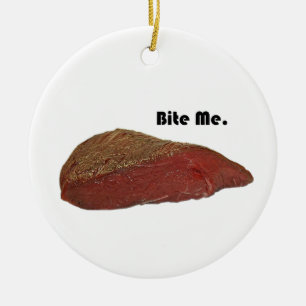 Bite Me Funny Steak Beef Pun Joke Ceramic Tree Decoration