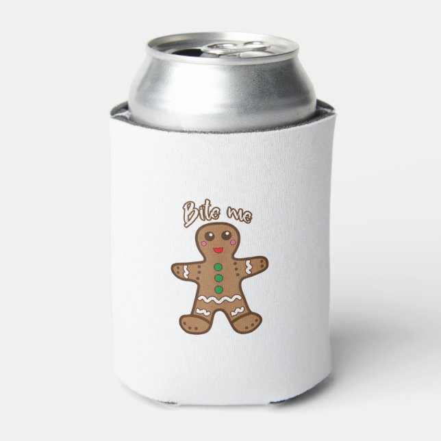 Bite Me Gingerbread Funny Cookie Christmas Thanksg Can Cooler (Can Front)