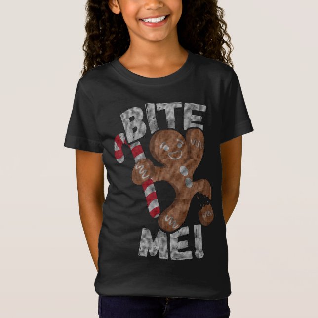 Bite Me Gingerbread Man Funny Christmas T-Shirt (Front)