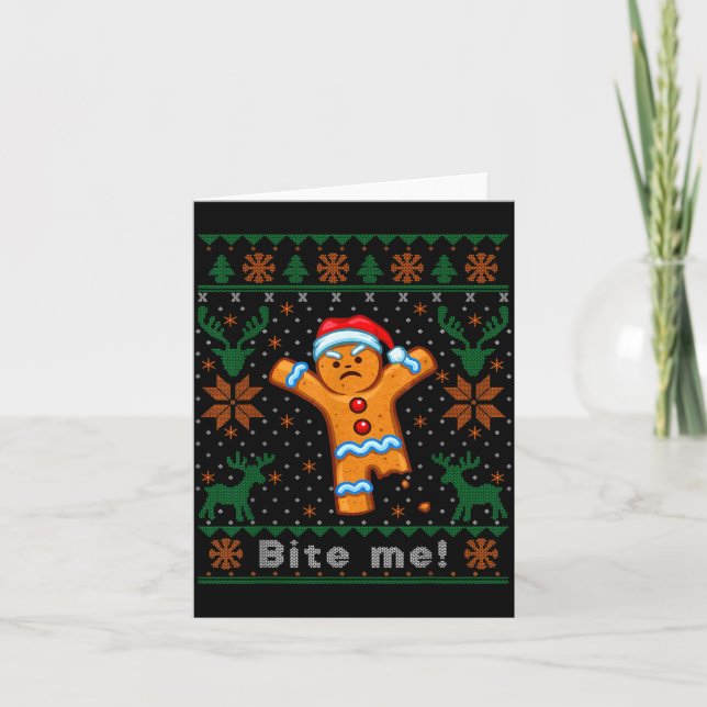 Bite Me Gingerbread Man - Funny Ugly Christmas Swe Card (Front)