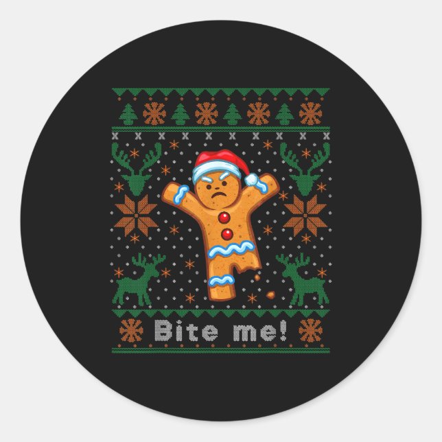 Bite Me Gingerbread Man - Funny Ugly Christmas Swe Classic Round Sticker (Front)
