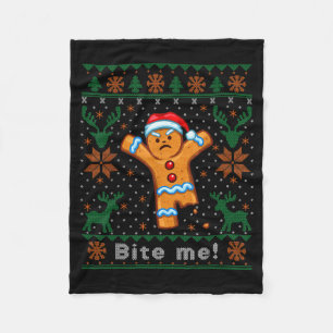 Bite Me Gingerbread Man - Funny Ugly Christmas Swe Fleece Blanket