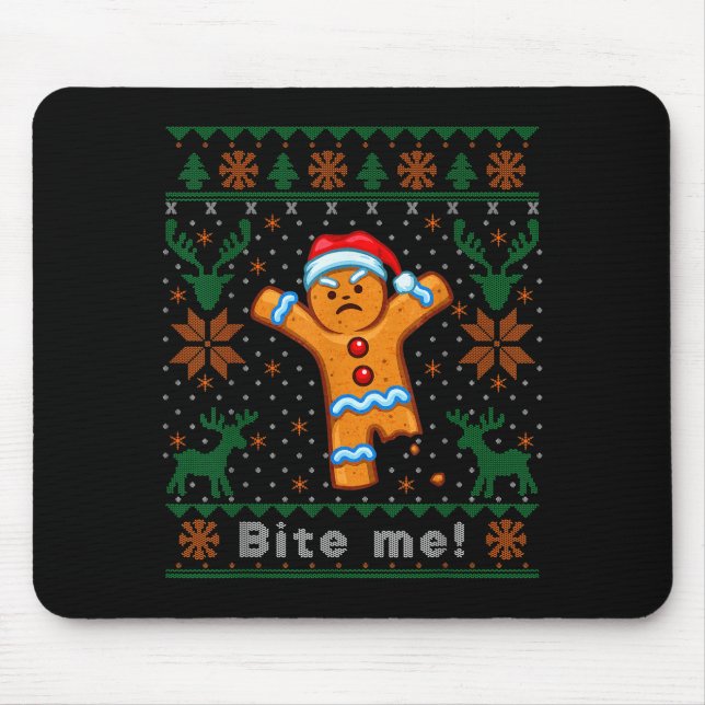 Bite Me Gingerbread Man - Funny Ugly Christmas Swe Mouse Mat (Front)