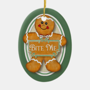 Bite Me Gingerbread Man - Oval 2 Ceramic Tree Decoration