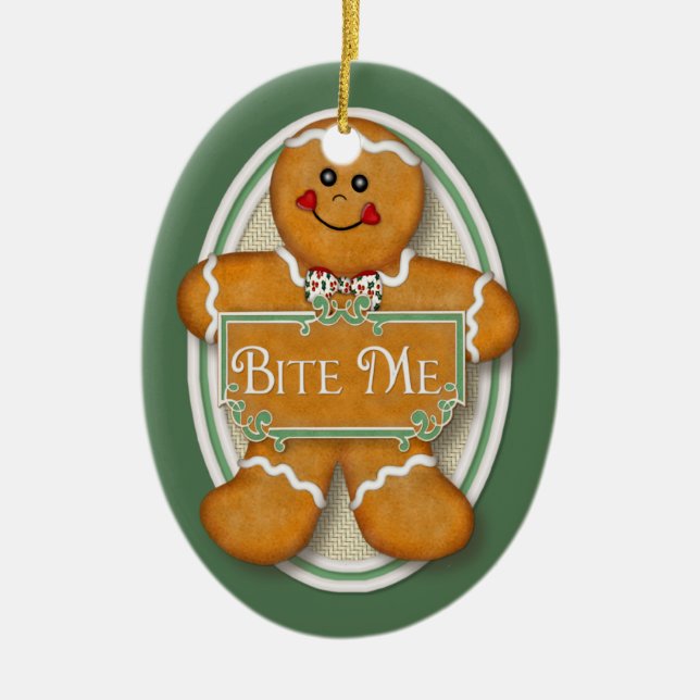 Bite Me Gingerbread Man -  Oval 2 Ceramic Tree Decoration (Front)