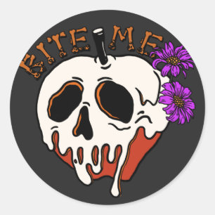 Bite Me - Halloween Skull Poison Apple & Flowers Classic Round Sticker