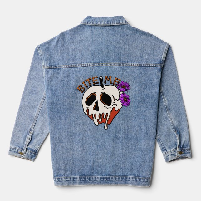 Bite Me - Halloween Skull Poison Apple & Flowers Denim Jacket (Back)
