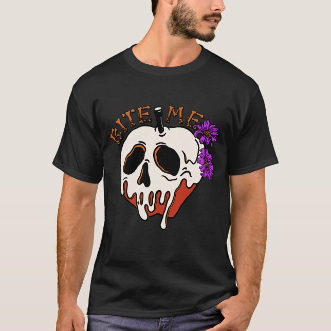 Bite Me - Halloween Skull Poison Apple & Flowers T-Shirt (Front)
