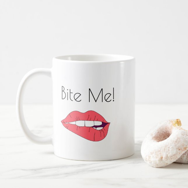 Bite Me!  Pink Biting Lips Line Art Illustration Coffee Mug (With Donut)
