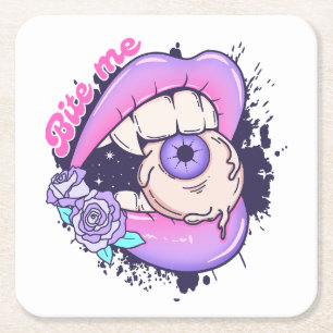 Bite Me Pink Halloween Lips Square Paper Coaster