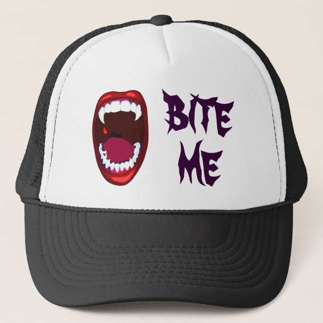 Bite Me Vampire Teeth Demon Fangs Campy Horror Art Trucker Hat (Front)