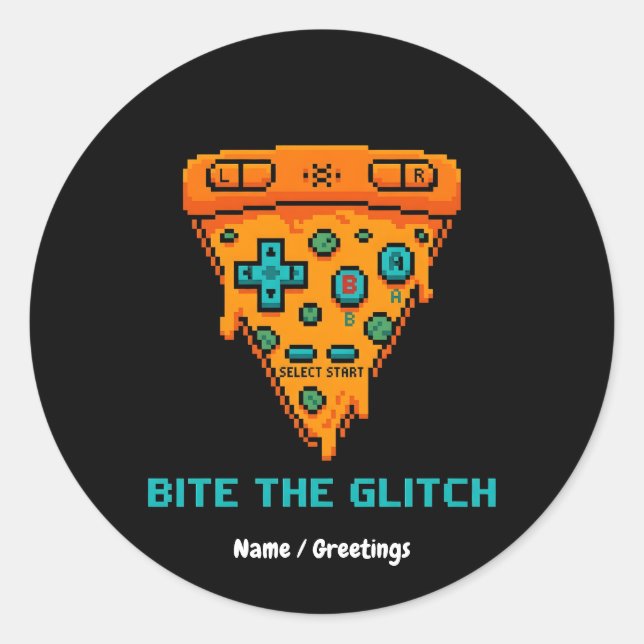  Bite the Glitch Retro 8-Bit Pixel Pizza Gamer  Classic Round Sticker (Front)
