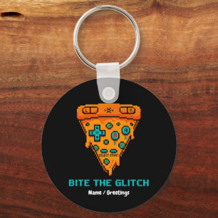  Bite the Glitch Retro 8-Bit Pixel Pizza Gamer  Key Ring