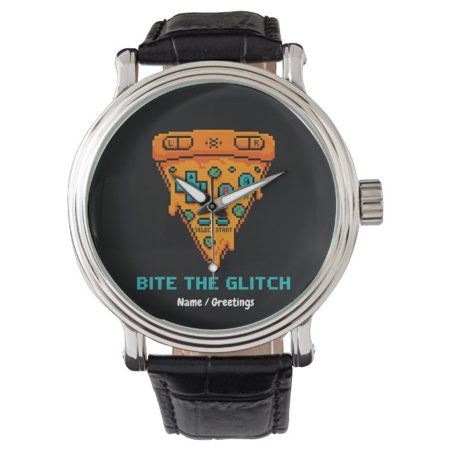  Bite the Glitch Retro 8-Bit Pixel Pizza Gamer  Watch (Front)