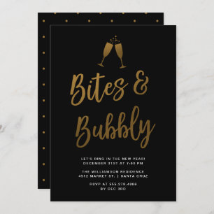 Bites & Bubbly Gold Script New Year Party Invitation