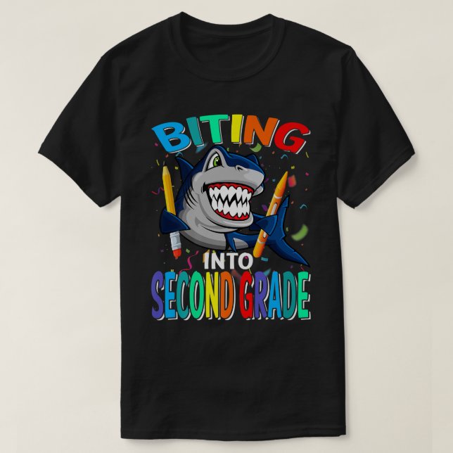 Biting Into Second Grade Back To School Shark Prem T-Shirt (Design Front)