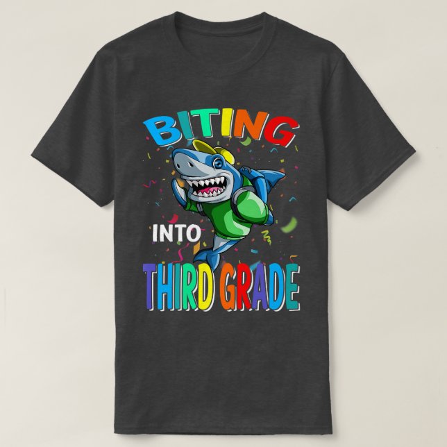 Biting Into Third Grade Back To School Shark Premi T-Shirt (Design Front)