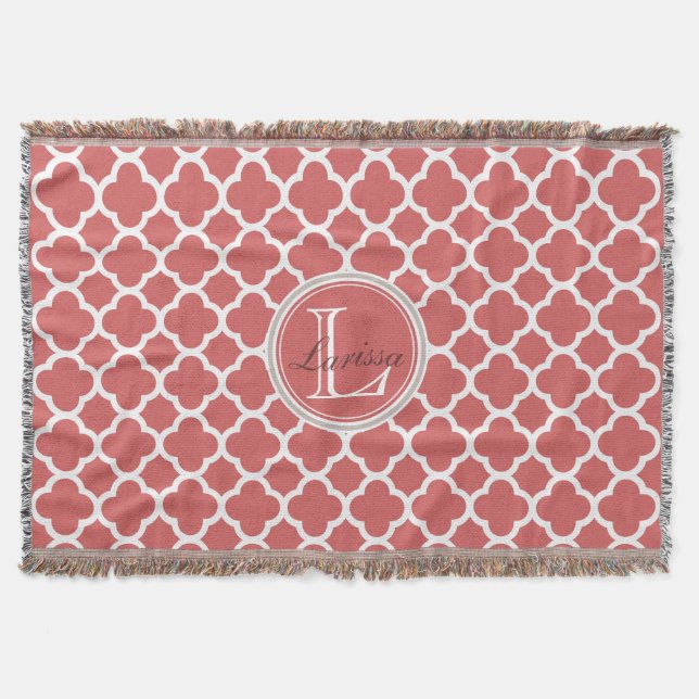 Bittersweet Red Quatrefoil Pattern Name Monogram Throw Blanket (Front)