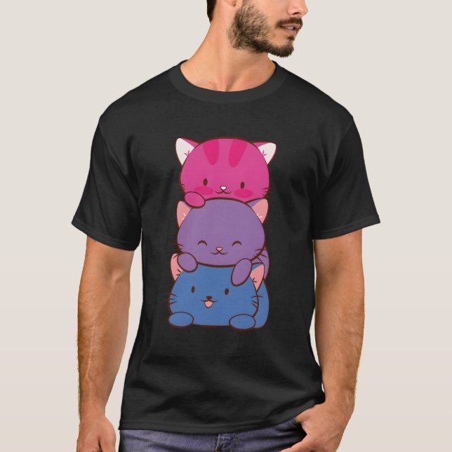 Biual Pride Kawaii Kitty Cat Stack Anime T-Shirt (Front)
