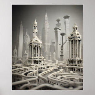 Bizarre Abstract Gray Monochromatic Surreal City Poster