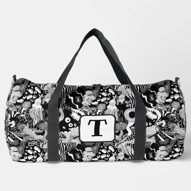 Bizarre plants black & white drawing pattern 2 duffle bag (Front)