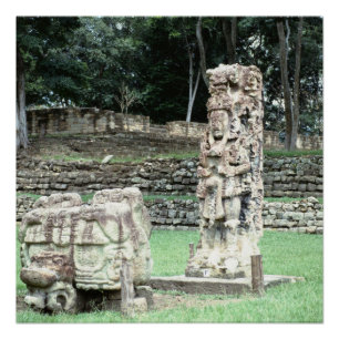 Bizarre Vivid Mayan Ruins Ancient Statues Honduras Poster