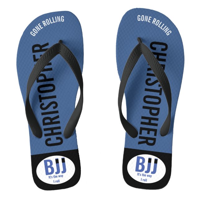 BJJ Blue Belt Gone Rolling Add Your Name Jiu Jitsu Flip Flops (Footbed)