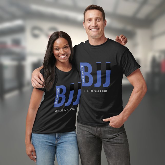 BJJ Brazilian Jiu Jitsu Add Name Blue Belt T-Shirt (Black BJJ Jiu Jitsu Tshirt with BJJ in Blue and personalized with name.)