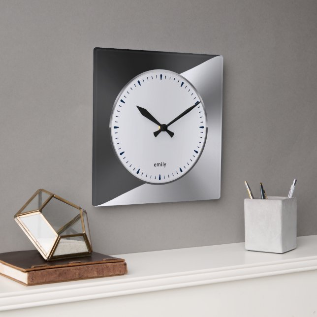 Bla & Silver Modern Metallic Geometric design Larg Square Wall Clock (Office)