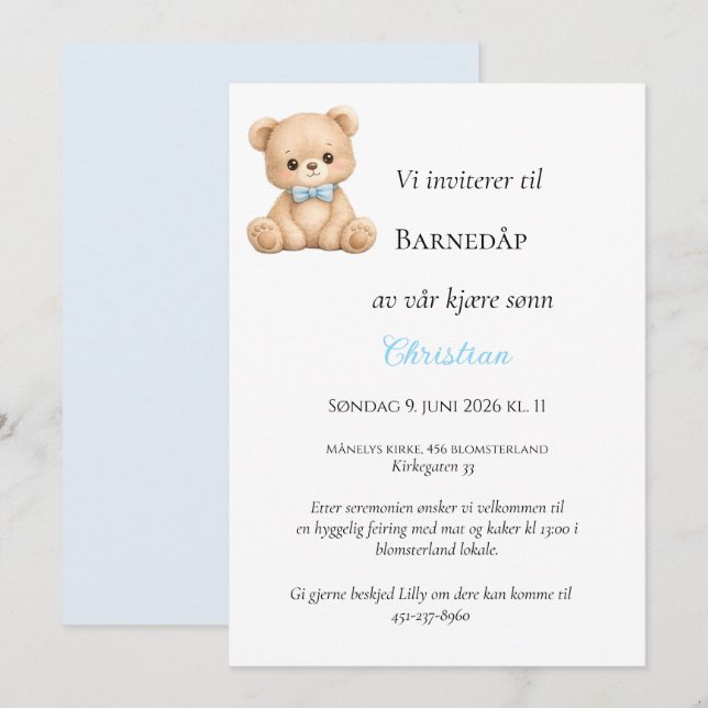 Blå Sløyfe Bamse Dåpsinvitasjon Invitation (Front/Back)