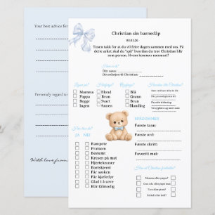 Blå Sløyfe Bamse spådomsark for dåp/babyshower