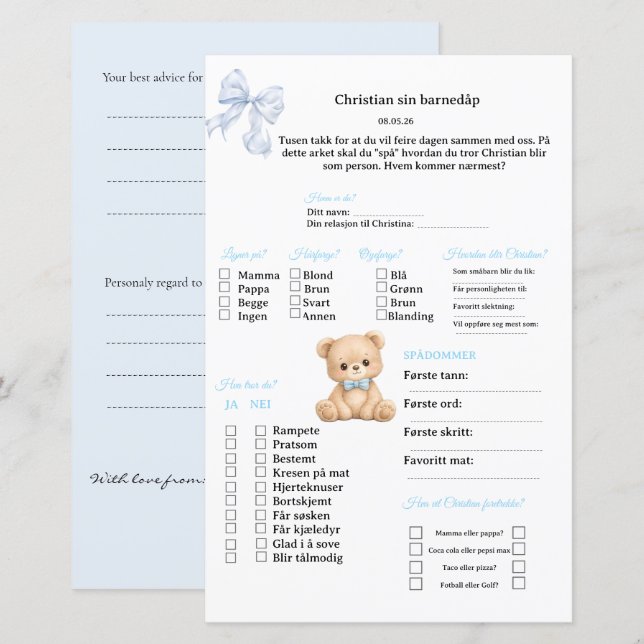 Blå Sløyfe Bamse spådomsark for dåp/babyshower (Front/Back)