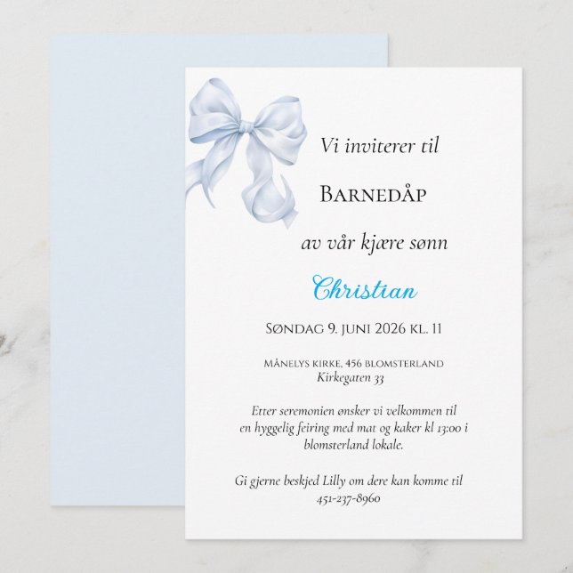 Blå Sløyfe Dåpsinvitasjon Invitation (Front/Back)