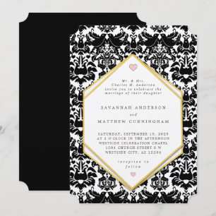 Blaack & Gold LoveBird Vintage Damask Wedding Invitation