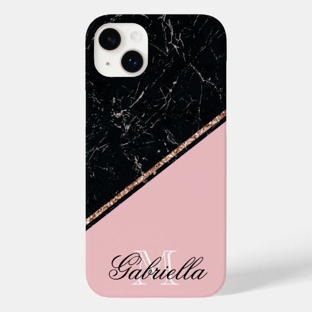 Blac Marble Rose Gold Glitter Case-Mate iPhone Case (Back)