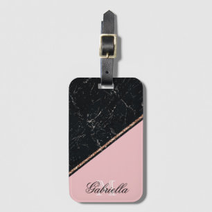 Blac Marble Rose Gold Glitter Luggage Tag