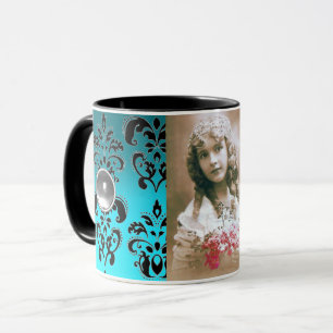 BLACJ BLUE DAMASK GEMSTONE  PHOTO TEMPLATE MUG