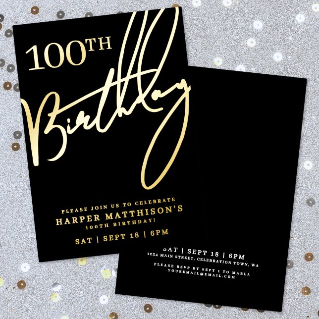 Black 100th Birthday Gold (Black 100th Birthday Gold Foil Invitation )
