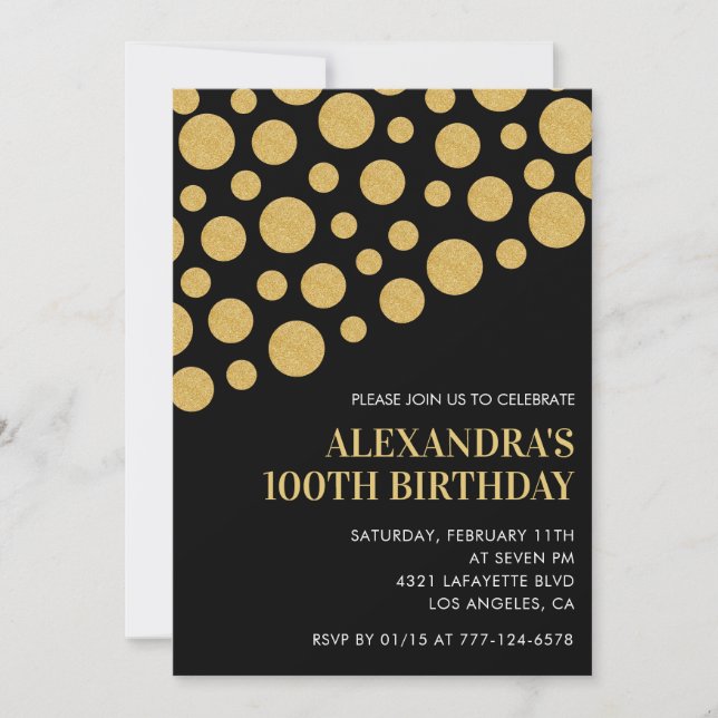 Black 100th birthday invitations Gold Confetti (Front)