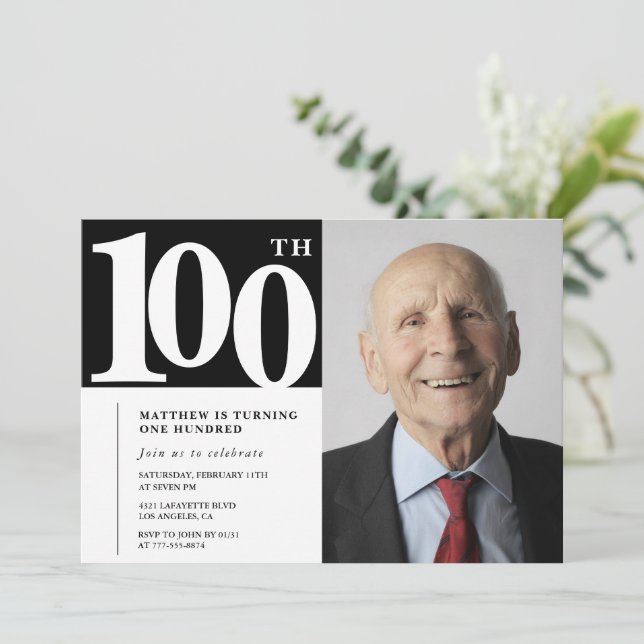 Black 100th birthday invitations Modern Chic Photo (Standing Front)