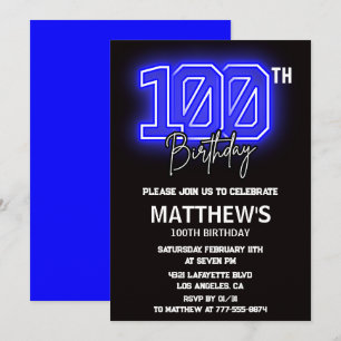 Black 100th birthday invitations Modern Sport Neon