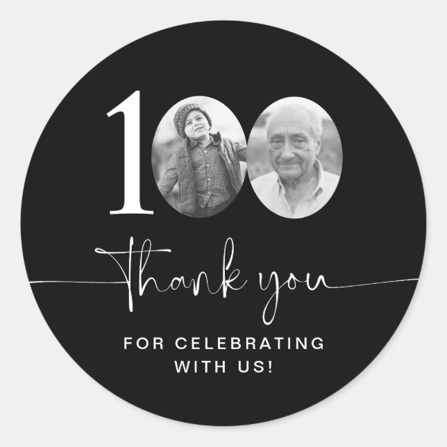 Black 100th Birthday Thank You Classic Round Sticker (Front)