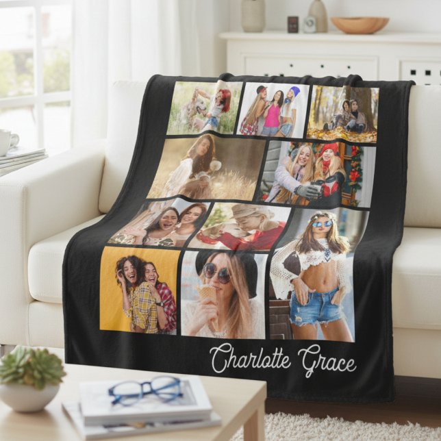Black 10 Photo Collage Personalised Name Gift Fleece Blanket (Creator Uploaded)