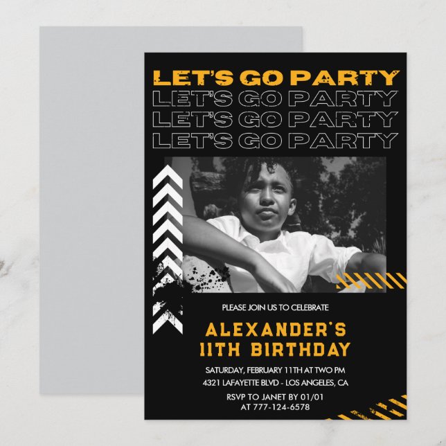 Black 11th birthday invitations Boy Photo Spray (Front/Back)