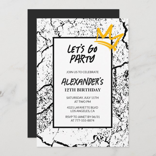 Black 12th birthday invitation Boy Hip Hop   (Front/Back)