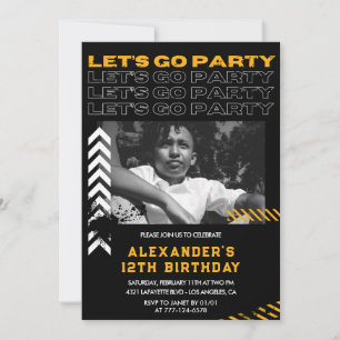 Black 12th birthday invitations Boy Photo Spray