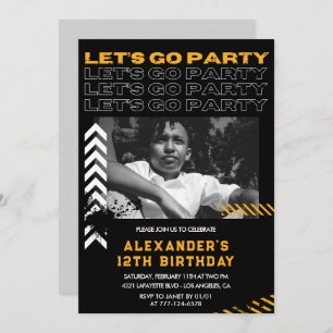 Black 12th birthday invitations Boy Photo Spray