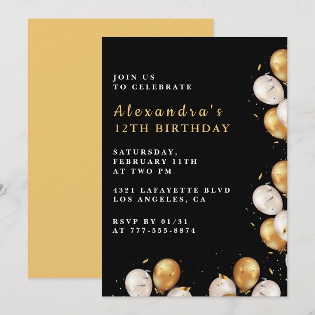 Black 12th birthday invitations Gold Balloon  (Front/Back)